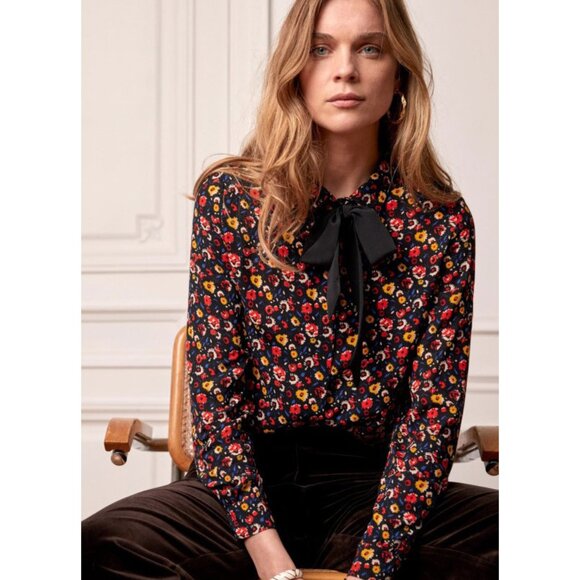 Sezane Tops - New Sézane Lady Black Floral Silk Tie Blouse 38, 6